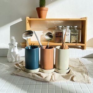 물빠짐수저통 도자기 3구 받침대포함 수저통 세트