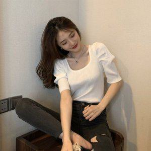 여성블라우스 봄 반팔니트 정장룩 여름 골지티 스퀘어넥 퍼프소매