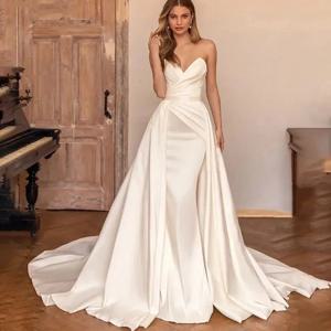 사용자 정의 2 In 1 분리형 기차 웨딩 드레스 2026 새틴 민소매 간단한 인어 공주 신부 가운 Vestido De Noiva