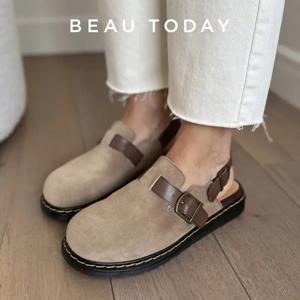 BEAUTODAY 여성용 야외 샌들, 진짜 암소 가죽, 라운드 토 백 벨트 스트랩 버클, 바느질 밑창, 숙녀 신발, 수제 32409