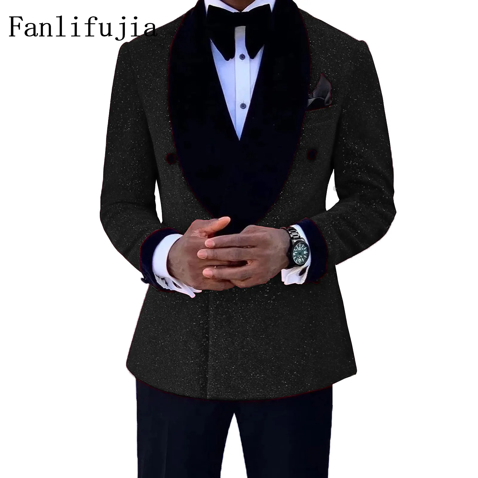Fanlifujia 럭셔리 레드 반짝이 정장 남자 신랑 웨딩 턱시도 더블 브레스트 블레이저 정장 저녁 파티 댄스 파티 드레스 2 개 세트