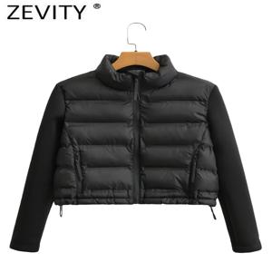 ZEVITY 여성 패션 스탠드 칼라 긴 소매 패치 워크 퀼트 코튼 자켓 코트 Femme 겉옷 세련된 지퍼 짧은 탑 CT5817