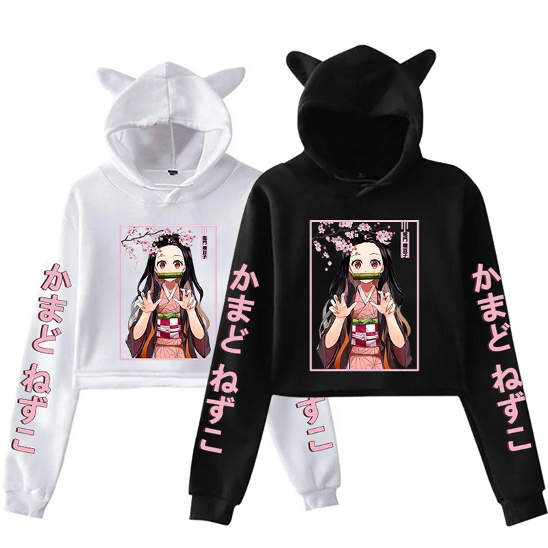 새로운 패션 여성 소녀 까마귀 Kamado Nezuko 긴 소매 고양이 귀 streetwear 풀오버 하라주쿠 애니메이션 짧은 탑