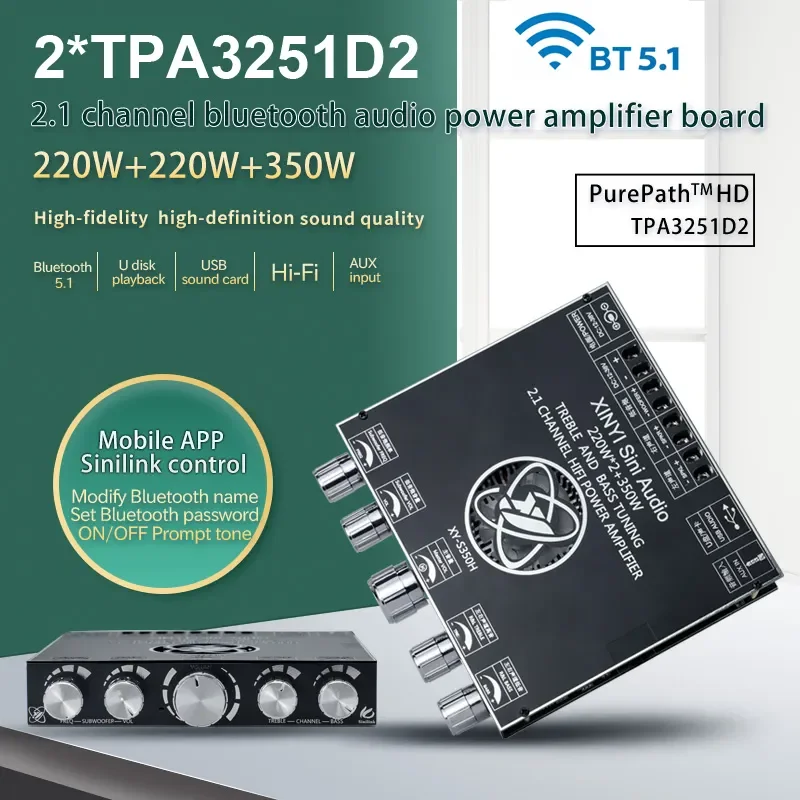 2*220W + 350W Bluetooth TPA3251 전력 증폭기 보드 USB 사운드 카드 서브우퍼 극장 오디오 스테레오 이퀄라이저 앰프 2.1 채널 클래스 D