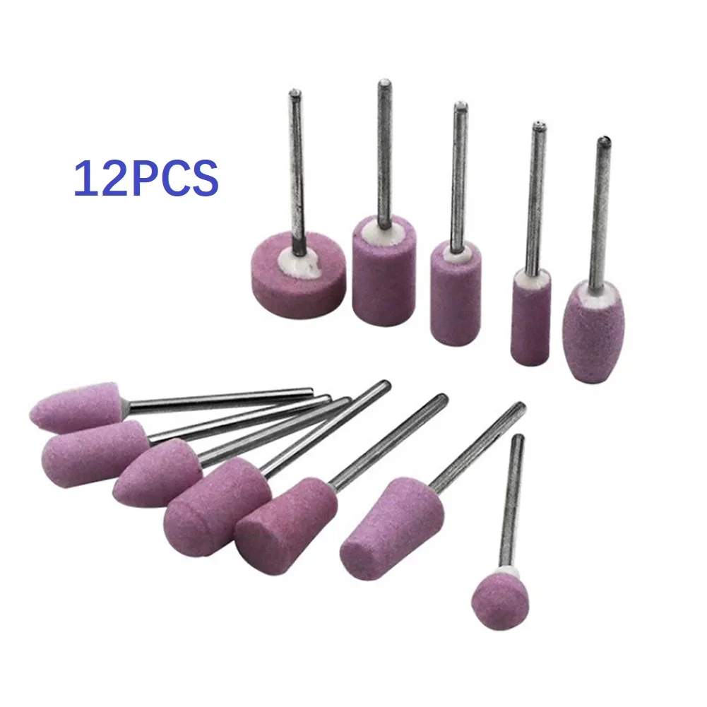 12개 연마 광택 마운트 스톤, 로터리 공구용 연삭 스톤 휠 헤드 공구, 2.35mm 생크 미니 네일 드릴 비트 세트