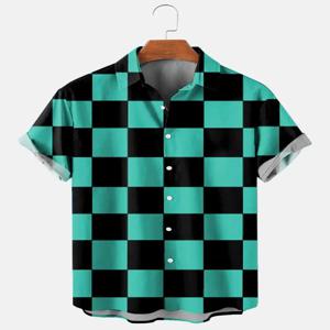 남성용 하와이 셔츠 여름 옷깃 격자 무늬 남성용 인쇄 캐주얼 패션 반팔 티셔츠 Retro Funny Male Clothes