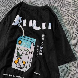 귀여운 일본 고양이 프린트 오버 사이즈 티셔츠 남성 여성 반팔 루즈 캐주얼 티 셔츠 streetwear 탑 코튼 하라주쿠 의류