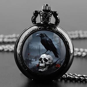 빈티지 해골 까마귀 패턴 석영 주머니 시계 패션 목걸이 펜던트 체인 쥬얼리 선물 Steampunk 시계 남성 여성 선물