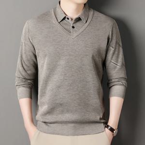 남성용 양털 안감 스웨터 가을 겨울 풀오버 폴로 셔츠 칼라 가짜 두 조각 두꺼운 따뜻한 탑 의류 캐주얼 니트웨어
