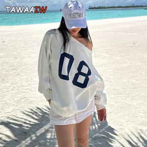 Tawaaiw 아메리칸 레트로 Y2k 그래픽 후디, 긴 소매 오프 숄더, 한국 패션, 느슨한 하라주쿠 여성 스웨트 셔츠, 가을 상의