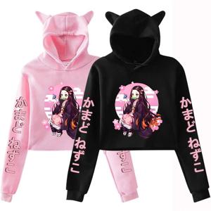 새로운 애니메이션 Kamado Nezuko 인쇄 고양이 귀 후드 여자 여자 패션 streetwear 후드 티 스웨터 자르기 탑 풀오버