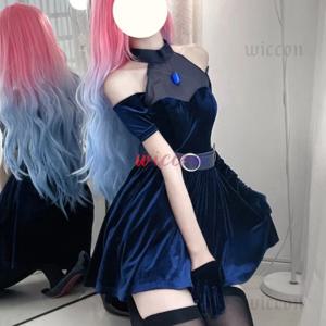 애니메이션 외계인 무대 코스프레 미지 코스프레 코스튬 가발, 할로윈 애니메이션 의류, 게임 의상, 무대 블랙 화려한 원피스 여성