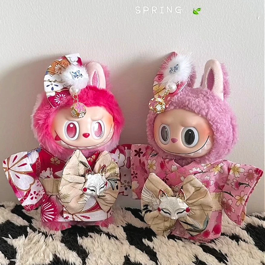 멀티 스타일 기모노 Labubu 인형 복장 잉어 벚꽃 무늬 정장 의류 세트 17cm 인형 일본 기모노 세트