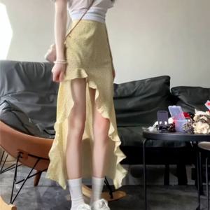 여성을위한 프릴 꽃 치마 여름 중반 긴 높은 허리 스커트 빨간색 불규칙한 섹시한 스플릿 스커트 패션 Beachwear Y2k 의류