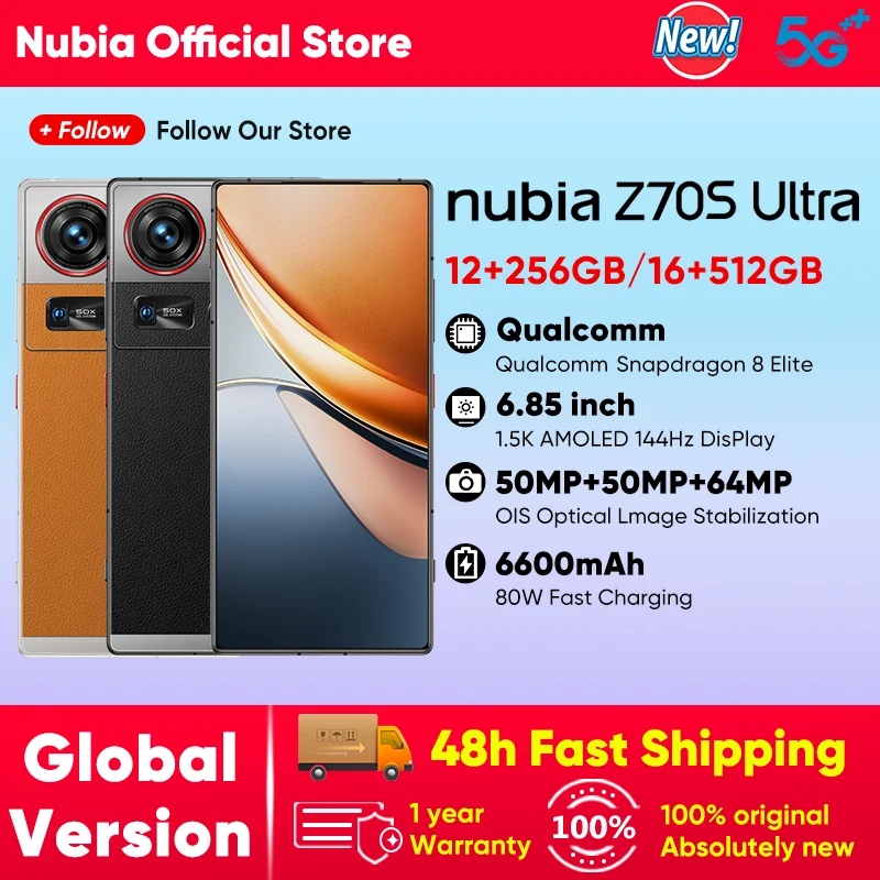 2025년 세계 최초 공개 누비아 Z70S 울트라 5G 스마트폰 새로운 스냅드래곤 8 엘리트 6600mAh 배터리 6.85인치 144Hz AMOLED 디스플레이 NFC 글로벌 버전 휴대폰