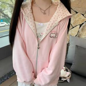 하라주쿠 한국 카와이 후드 코트 여성 얇은 긴 소매 지퍼 카디건 Y2K streetwear 새로운 중간 길이 루즈 자켓