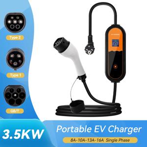 3.5KW Type2 휴대용 EV 충전기 16A 1상 EU 플러그 EVSE 충전 8A-10A-13A-16A 전류 조정 가능한 전기 자동차 충전