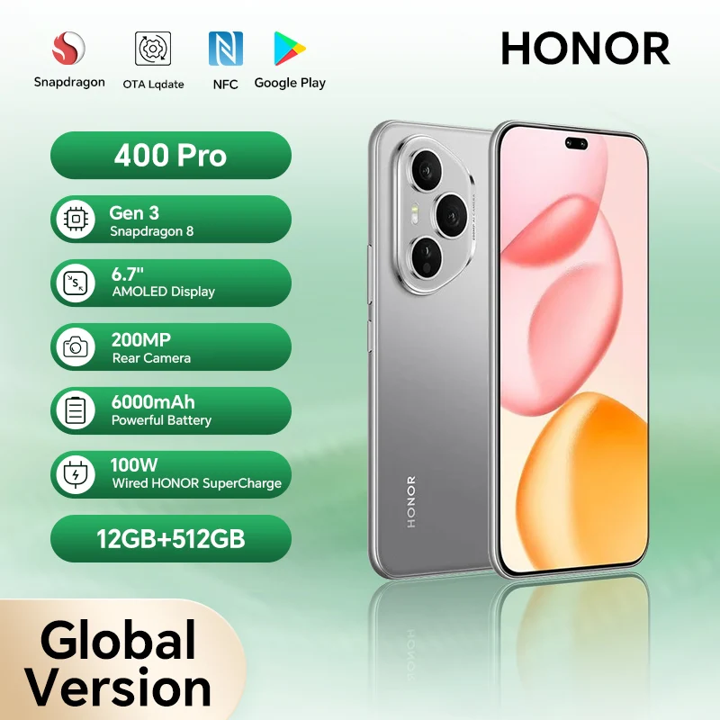 2025 새로운 HONOR 400 Pro 글로벌 버전 5G 스마트폰 200MP 카메라 스냅드래곤 8 Gen 3 6.7인치 AMOLED 스크린 100W 유선 50W 무선