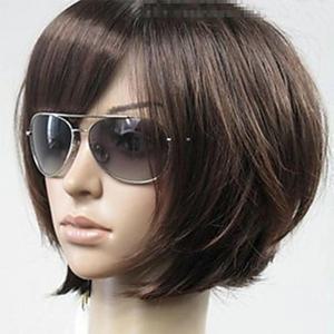 HAIRJOY ​​여성 보그 브라운 직진 짧은 합성 머리 가발 사이드 뱅