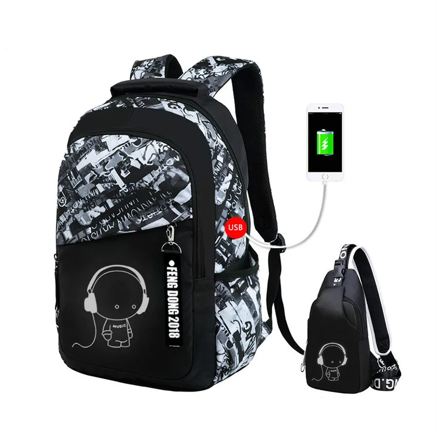 빛나는 학교 가방 청소년을위한 방수 대형 배낭 bagpack 소년 학생 가슴 가방 세트를위한 빛나는 학교 배낭