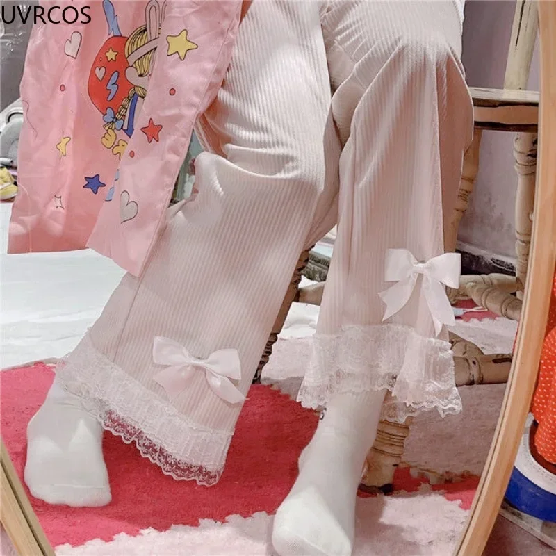핑크 일본 달콤한 로리타 여성 카와이 하이 웨스트 코듀로이 바지 보우 레이스 와이드 레그 팬츠 Y2k 의류 캐주얼 루즈 귀여운 바지