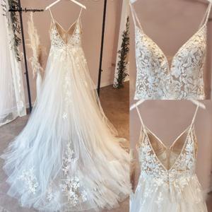 스파게티 스트랩 빈티지 레이스 웨딩 드레스 V 넥 라인 신부 드레스 Tulle Beach Bridal 가운 trouwjurk Customized