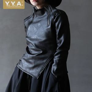 다크 스타일 불규칙한 스탠드 칼라 대각선 지퍼 가짜 가죽 스웨터 여성 쿨 블랙 고딕 자켓 플리스 라이닝 풀오버