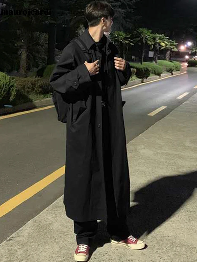 Mauroicardi 봄 가을 긴 오버사이즈 블랙 카키 트렌치 코트, 라글란 소매, 싱글 브레스티드, 캐주얼 한국 패션