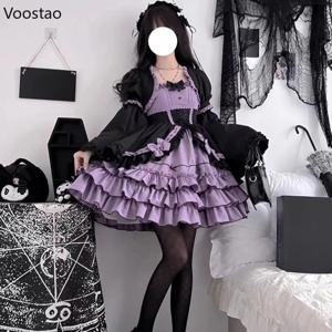 빅토리아 빈티지 로리타 드레스 여성 고딕 Y2k 퍼프 짧은 소매 적층 Flounces 미니 드레스 Bow Ruffles Princess Vestidos