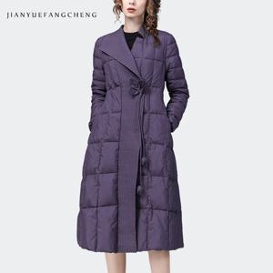 여성용 퍼플 롱 다운 재킷, 무릎 위 루즈 캐주얼 드레스, 따뜻한 경량, 화이트 덕 다운 패딩 트렌치 코트, 겨울