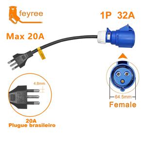 Feyree EV 충전기 CEE 암 소켓 3 핀 어댑터-브라질 20A 10A 플러그 WallMount 소켓 32A 1 단계 7KW 휴대용 충전기