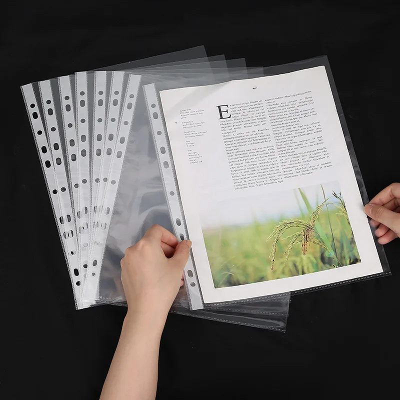 100pcs A4 시트 프로텍터 11 홀 투명 비닐 봉투 종이 주최자 문서 가방 느슨한 잎 문서 용 지우기 파일 가방