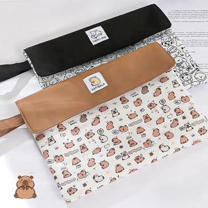 Capybara 만화 문서 가방 대용량 지퍼 파일 폴더 검은 강아지 주최자 학생 논문 A4 휴대용 보관 주머니