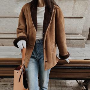 100% 울 안감 여성용 스웨이드 가죽 코트, 느슨한 여성 캐주얼, 따뜻한 전체 소매 시어링 퍼 재킷 코트, 2024 가을 겨울
