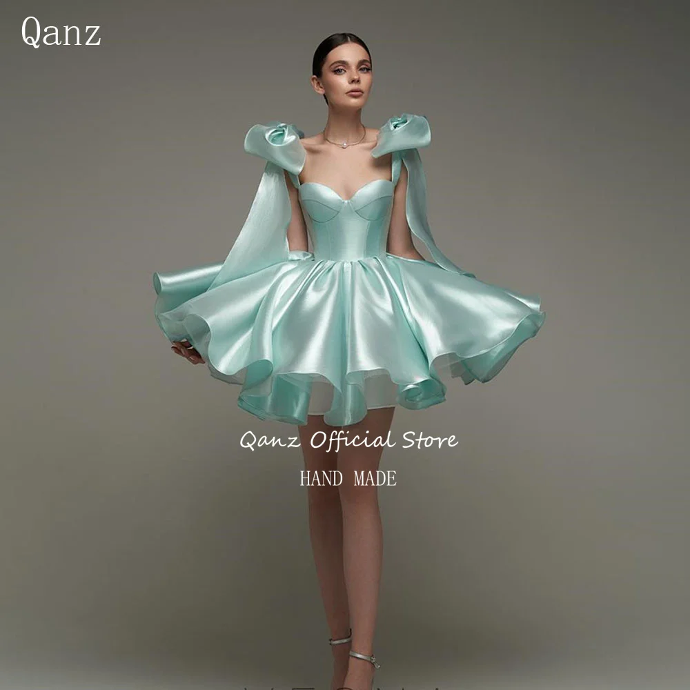 Qanz 짧은 무도회 드레스, 섹시한 리본 활 슬리브, 새틴 웨딩 파티 원피스, 레이스업 백 리스 칵테일 드레스, 맞춤형
