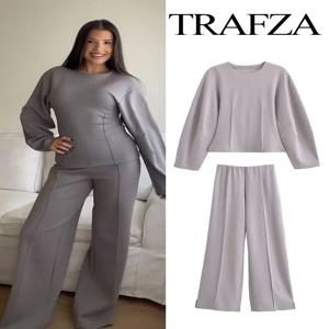 TRAFZA 여성 캐주얼 와이드 팬츠 투피스 세트, 양면 원단 라운드넥 긴팔 상의, 우아한 스트레치, 슬림해 보이는 패션