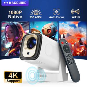 야외 영화용 Magcubic HY310 미니 프로젝터 자동 초점 1080P 330ANSI 안드로이드 11 WiFi6 BT5.4 4K 에어 마우스 음성 원격 포함