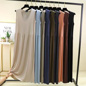 플러스 사이즈 L ~ 6XL 여성 드레스 모달 민소매 탱크 드레스 Pleated sleepdress 중간 길이 허리 슬리밍 드레스 루즈 홈웨어