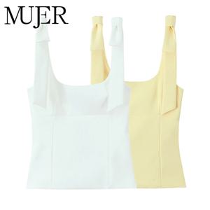 MUJER 화이트 보우 크롭탑 여성 섹시 백리스 뷔스티에 탑 여름 캐미솔 민소매 탑 여성 스트랩 숏탑