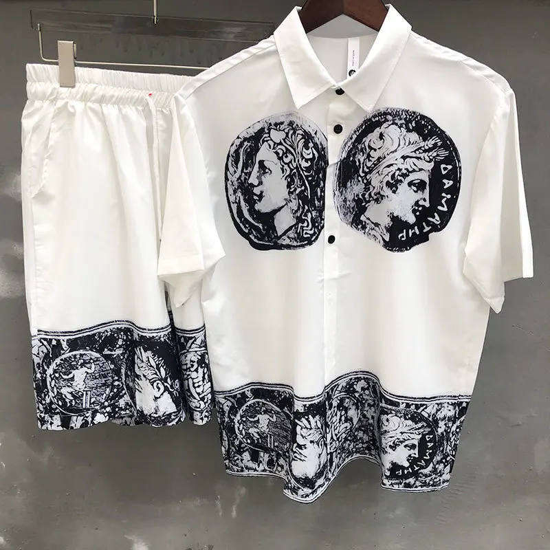 하와이 셔츠 streetwear 추상 초상화 인쇄 셔츠 streetwear tracksuit 세트 힙합 캐주얼 해변 휴가 짧은 소매 양복