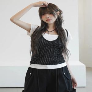 스트릿 스타일 솔리드 컬러 슬림핏 반팔 티셔츠 물방울 무늬 포켓 캐주얼 팬츠 하이웨이스트 스트레이트 레그 출퇴근복