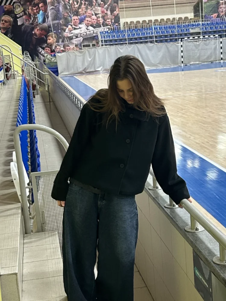 패션 스탠드 칼라 울 코트 빈티지 롱 슬리브 루즈 싱글 브레스티드 재킷 여성용 2025 겨울 가을 스트릿 아우터