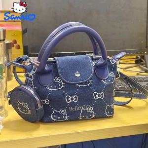 Sanrio 귀여운 헬로키티 데님 핸드백 만화 프린트 크로스 바디 백 휴대용 모든 경기 숄더 백 휴일 선물