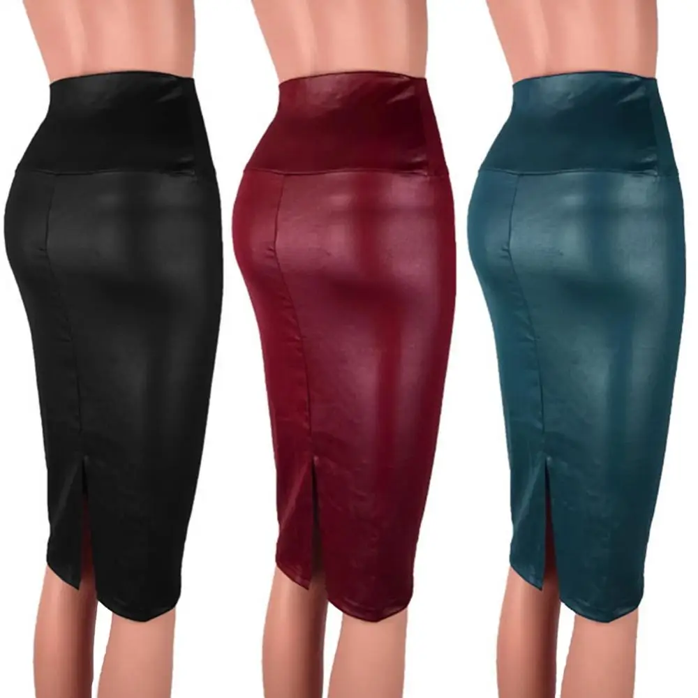 패션 우아한 높은 허리 분할 가짜 가죽 스커트 여성 무릎 길이 Bodycon 연필 스커트