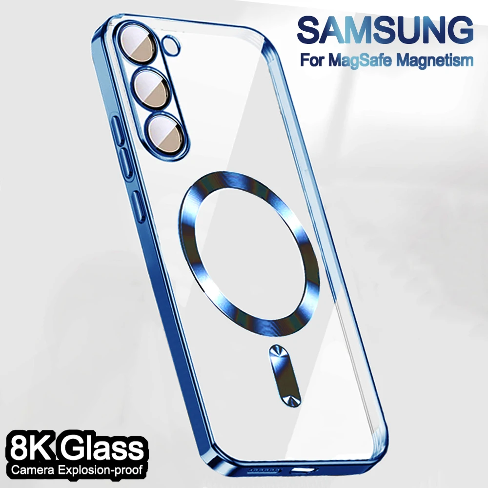 고급 도금 투명 무선 자성폰케이스삼성 갤럭시 S21 S23 Fe S24 S25 울트라 S22 Plus Ultra For Apple Magsafe Case Samsung Galaxy 6K 초선명 유리 10H 폭발 방지 전체 카메라 보호