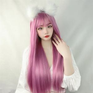 헤어 익스텐션 합성 코스프레 퍼플 젊은 여성 가발, 통기성 얇은 에어 앞머리 머리 커버, 긴 70cm 스트레이트 여성 가발 모자