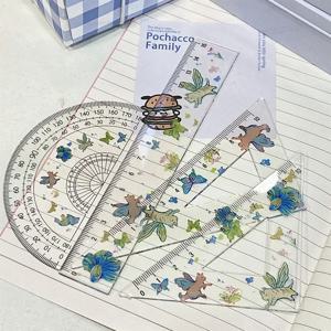 Ins 귀여운 색상의 마법 고양이 날개, 투명 눈금자 4 개 세트, 학생 삼각형 눈금자 각도기, 플라스틱 눈금자 문구