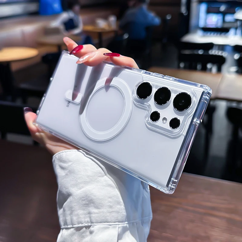 삼성 갤럭시 S24 S22 S23 S25 울트라 플러스 Magsafe 케이스 A15 A35 A55 5G 무선 충전 커버에 대한 원래 투명 마그네틱 케이스