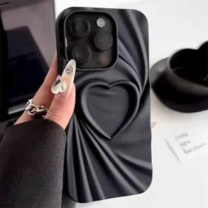 패션 폴드 링클 3D 러브 하트 전화 케이스 iPhone 13 14 15 Pro Max 16 Plus 11 12 ProMax 소프트 매트 실리콘 풀 커버