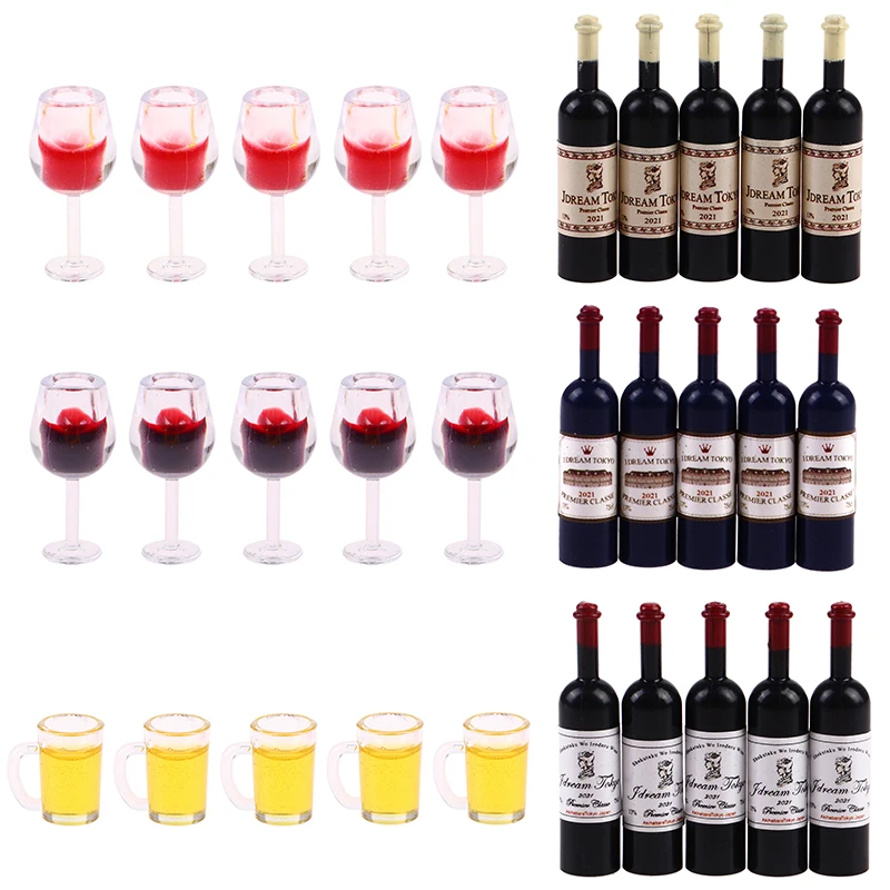 5Pcs 1:12 인형 집 미니어처 와인 컵 맥주 머그잔 와인 병 모델 가구 집 장식 장난감